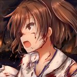  blood brown_eyes brown_hair commentary fire japanese_clothes kaga_(kantai_collection) kantai_collection kisa_(k_isa) open_mouth side_ponytail solo tears torn_clothes 