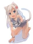  :d animal_ears arm_support barefoot blue_eyes fang flower hair_flower hair_ornament kantai_collection kneeling long_hair looking_at_viewer naruse_chisato open_mouth paw_pose ro-500_(kantai_collection) school_swimsuit sketch smile solo swimsuit tail tan 