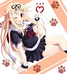  ;d blonde_hair crossed_legs hair_flaps hair_ornament hair_ribbon hairclip highres hiiragi_tomoka kantai_collection long_hair looking_at_viewer one_eye_closed open_mouth paw_print red_eyes remodel_(kantai_collection) ribbon scarf school_uniform serafuku skirt smile solo yuudachi_(kantai_collection) 