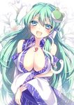  2015 bad_id bad_pixiv_id bare_shoulders blue_eyes blush breast_lift breasts cleavage collarbone dated detached_sleeves flower frog_hair_ornament green_hair hair_ornament jewelry kochiya_sanae large_breasts lily_(flower) long_hair long_sleeves looking_at_viewer mikazuki_sara necklace open_mouth pendant smile snake_hair_ornament solo touhou wide_sleeves 