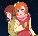  back-to-back blue_eyes bow breath brown_hair hair_bow highres honomask jacket kousaka_honoka kousaka_yukiho letterman_jacket love_live! love_live!_school_idol_project mittens multiple_girls one_side_up open_mouth orange_hair scarf siblings sisters sky star_(sky) starry_sky winter_clothes 