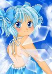  blue_eyes blue_hair blush bow cirno commentary_request hair_bow highres ice ice_wings ribbon solo tan tanline touhou wings yuzuna99 
