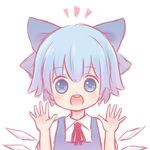  batta_(ijigen_debris) blue_eyes blue_hair bow cirno hair_bow ice ice_wings open_hands open_mouth short_hair solo touhou white_background wings 