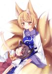  2girls ;d animal_ears bad_id bad_pixiv_id blonde_hair blush bow brown_hair cat_ears chen dated dress fang fox_ears fox_tail lap_pillow long_sleeves lying_on_lap mikazuki_sara multiple_girls multiple_tails no_hat no_headwear one_eye_closed open_mouth outstretched_arm puffy_short_sleeves puffy_sleeves red_dress red_eyes short_sleeves smile tabard tail touhou white_dress wide_sleeves yakumo_ran yellow_eyes 