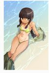  bangs beach bikini bikini_under_clothes blunt_bangs braid breasts brown_hair clothes_down commentary_request ez6 green_eyes highres kantai_collection kantai_collection_(anime) kitakami_(kantai_collection) long_hair navel o-ring o-ring_top off_shoulder one-piece_tan outdoors sidelocks sitting skirt skirt_pull small_breasts solo swimsuit swimsuit_under_clothes tan tanline thigh_gap undressing water 