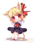  2015 animal_ears ascot bad_id bad_pixiv_id blonde_hair cat_ears cat_tail dated fang hair_ribbon kemonomimi_mode long_sleeves looking_at_viewer mikazuki_sara open_mouth red_eyes ribbon rumia shirt skirt skirt_set slit_pupils smile solo tail touhou vest 
