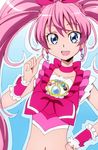  :d blue_eyes bow brooch choker cure_melody earrings hand_on_hip houjou_hibiki jewelry looking_at_viewer manji_(tenketsu) midriff navel open_mouth pink_bow pink_choker pink_hair precure smile solo suite_precure twintails 