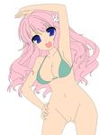  1girl absurdres artist_request baka_to_test_to_shoukanjuu bare_midriff blue_eyes bottomless breasts busty cleavage female hair_ornament hairclip highres himeji_mizuki hips legs long_hair looking_at_viewer mound_of_venus navel nude_filter open_mouth photoshop pink_hair pussy smile solo standing thighs tongue transparent_background uncensored vector_trace 