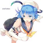  blue_eyes blue_hair breasts double_bun elbow_gloves gloves hat kantai_collection large_breasts open_mouth pleated_skirt sailor_hat scarf school_uniform serafuku short_hair skirt socks solo sts twitter_username urakaze_(kantai_collection) white_background white_hat white_legwear 