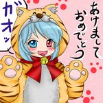  ^_^ akeome animal_costume animal_print bell bell_collar blue_hair blush closed_eyes collar commentary cosplay hands_up happy_new_year heterochromia kigurumi neck_ribbon new_year paw_print ribbon short_hair solo tatara_kogasa tiger_costume tiger_print tongue tongue_out touhou translated whiskers yuzuna99 