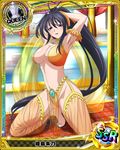  anklet artist_request barefoot black_hair breasts card_(medium) character_name chess_piece choker cleavage dancer gem hair_ribbon harem_outfit high_school_dxd himejima_akeno jewelry large_breasts long_hair navel official_art ponytail purple_eyes queen_(chess) ribbon solo trading_card very_long_hair 
