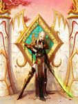  armor blonde_hair book elf green_eyes highres judgement_armor pointy_ears solo sword warcraft weapon wei world_of_warcraft 