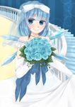  absurdres alternate_costume alternate_hairstyle bare_shoulders blue_eyes blue_flower blue_rose blush bouquet bridal_veil bride cirno dress elbow_gloves flower gloves hair_ribbon half_updo highres jewelry looking_at_viewer mutsumi326 necklace ribbon rose short_hair skirt_hold smile solo stairs touhou veil wedding_dress 