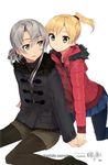  alternate_costume bad_hands blonde_hair blue_eyes coat down_jacket duffel_coat fur_trim grey_eyes grey_hair hands_together highres jacket kantai_collection konishi_(koconatu) legwear_under_shorts looking_at_another maikaze_(kantai_collection) multiple_girls non-web_source nowaki_(kantai_collection) official_art pantyhose parka pleated_skirt shorts skirt translated winter_clothes winter_coat 