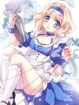  2015 alice_margatroid bad_id bad_pixiv_id blonde_hair blue_dress blue_eyes book breasts card choker cleavage corset dated dress grimoire hairband medium_breasts mikazuki_sara open_mouth panties pantyshot pantyshot_(sitting) pocket_watch puffy_short_sleeves puffy_sleeves puppet_rings puppet_strings ribbon_choker short_sleeves sitting solo touhou underwear upskirt watch white_panties 