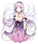  artist_request bare_shoulders blush breasts cleavage detached_sleeves dress flower full_body green_eyes large_breasts long_hair looking_up parted_lips petals sidelocks silver_hair sitting solo tattoo transparent_background unleashed very_long_hair wariza water wide_sleeves 