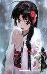  ahoge black_hair bob_(biyonbiyon) brown_eyes hair_ornament highres japanese_clothes kantai_collection kimono official_art scan scan_artifacts shouhou_(kantai_collection) snow snowing translated 