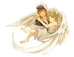  1girl angel_wings carrying green_hair hat honoboooono on_your_mark orange_hair princess_carry wings 