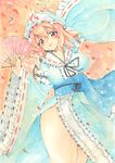  absurdres acrylic_paint_(medium) bad_id bad_pixiv_id blush fan folding_fan hat highres japanese_clothes kimono open_mouth petals pink_eyes pink_hair saigyouji_yuyuko shie_(m417) solo thighs touhou traditional_media triangular_headpiece watercolor_(medium) wide_sleeves 