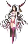  black_hair boots breasts brown_eyes facial_mark fate/extra fate/extra_ccc fate_(series) forehead_mark full_body gradient_hair highres horns large_breasts long_hair multicolored_hair navel official_art pink_footwear sesshouin_kiara thighhighs transparent_background very_long_hair wada_aruko 