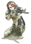  aiming ak-102 assault_rifle brown_hair camouflage didloaded gloves goggles grey_eyes gun hair_ornament hairclip headphones knee_pads magazine_(weapon) original reloading rifle scope shadow short_hair simple_background solo sweatdrop trigger_discipline weapon white_background 