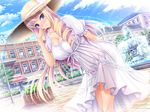  1girl bertille_althusser blonde_hair blue_eyes blush breasts building cleavage cloud clouds dress drill_hair fountain game_cg hat highres huge_breasts komori_kei legs long_hair looking_at_viewer sky smile solo standing sunlight thighs walkure_romanze walkure_romanze_more_&amp;_more water 