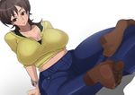  amaha_masane belly breasts brown_eyes brown_hair brown_legwear cleavage denim fashion feet huge_breasts jeans long_hair mature midriff navel pants pantyhose pantyhose_under_trousers plump shiva_(johan-s) simple_background solo toes white_background witchblade 