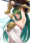  1girl armlet armpits arms_up bare_shoulders bracelet bracer breasts circlet cleavage closed_mouth commentary_request dress eyebrows_visible_through_hair forehead_jewel gem goddess gold green_eyes green_hair hair_ornament head_tilt holding holding_shield jewelry kamaboko_(ossann0125) kid_icarus kid_icarus_uprising large_breasts long_hair looking_at_viewer neck_ring nintendo palutena pose shield simple_background solo staff strapless strapless_dress upper_body very_long_hair weapon white_background white_dress 