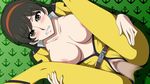  1girl belt black_hair blush bodysuit breasts brown_eyes censored clenched_teeth crotchless hairband highres large_breasts legs legs_up long_hair looking_at_viewer lying no_bra no_panties open_clothes penis pussy saijou_miki sex simple_background solo_focus teeth thighs uchuu_senkan_yamato uchuu_senkan_yamato_2199 uniform vaginal 