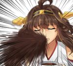  ahoge brown_hair closed_eyes coffee commentary cup double_bun emphasis_lines hanjuku_tomato headgear kantai_collection kongou_(kantai_collection) long_hair nontraditional_miko parody solo spitting tantei_monogatari teacup 