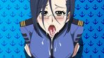  1girl blue_hair blush bodysuit breast_hold breasts cum cum_in_mouth cum_on_body cum_on_breasts cum_on_clothes cum_on_upper_body earrings facial female glasses highres jewelry large_breasts looking_at_viewer niimi_kaoru open_mouth short_hair simple_background sitting solo tongue tongue_out uchuu_senkan_yamato uchuu_senkan_yamato_2199 uniform 