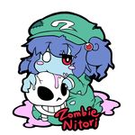  blue_hair blush blush_stickers english hair_bobbles hair_ornament hat jinnouchi_akira kawashiro_nitori long_sleeves looking_at_viewer red_eyes short_hair simple_background skirt skirt_set skull solo stitches torn_clothes touhou two_side_up white_background zombie 