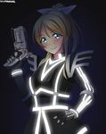  armor ayase_eli belt blonde_hair blue_eyes cosplay glowing gun highres kamen_rider kamen_rider_555 kamen_rider_delta love_live! love_live!_school_idol_project neon_lights neon_trim ponytail smile solo weapon yu-ta 