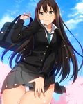  blush brown_hair cardigan cherry_blossoms green_eyes idolmaster idolmaster_cinderella_girls kyoku_tou long_hair looking_at_viewer necktie panties pantyshot school_uniform shibuya_rin solo underwear 