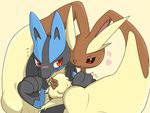  black_sclera blush bunny furry heart hearts hug hug_from_behind lopunny lucario nintendo no_humans pokemon pokemon_(game) pokemon_dppt red_eyes 