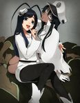  1boy 1girl 2girls androgynous apg0w0 bambietta_basterbine black_hair bleach blue_eyes cape drooling giselle_gewelle gloves hat licking long_hair looking_at_viewer military military_uniform multiple_girls open_mouth peaked_cap quincy_(bleach) saliva sitting tongue trap uniform white_gloves zombie 