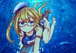  bad_id bad_pixiv_id barefoot blonde_hair blue_eyes breasts glasses hat i-8_(kantai_collection) i-class_destroyer kantai_collection large_breasts one-piece_swimsuit open_mouth osiimi red-framed_eyewear school_swimsuit semi-rimless_eyewear swimsuit under-rim_eyewear underwater 