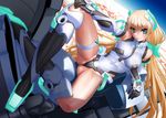  angela_balzac arhan_(rakuen_tsuihou) arm_support armor armpits bangs bare_shoulders black_gloves blonde_hair blue_eyes blush boots breasts cockpit covered_navel covered_nipples crossed_legs crotch dutch_angle elbow_gloves full_body gloves hair_ornament halterneck hand_on_own_knee head_tilt headgear highleg highleg_leotard knee_boots large_breasts leotard light_smile long_hair looking_at_viewer low_twintails md5_mismatch mecha outstretched_arm planet rakuen_tsuihou reclining sasayuki smile solo space spread_legs taut_clothes thighlet thong_leotard turtleneck twintails very_long_hair 