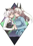  animal_ears aurora bad_id bad_pixiv_id blonde_hair blue_eyes cat_ears dog_ears eila_ilmatar_juutilainen goji_(five_clock) green_eyes holding_hands military military_uniform multiple_girls necktie sanya_v_litvyak silver_hair smile strike_witches uniform world_witches_series 