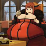  :d big_belly blush breasts brown_hair chair cleavage covered_navel demon_horns dress fake_horns fat highres horns huge_breasts key long_hair maou_(maoyuu) maoyuu_maou_yuusha metalforever obese open_mouth potato reclining red_eyes smile smug solo taut_clothes treasure_chest 