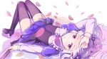  absolute_duo absurdres blush hair_ribbon hand_on_forehead highres long_hair long_legs looking_at_viewer lying on_back petals purple_eyes ribbon seneto silver_hair solo thighhighs two_side_up upside-down yurie_sigtuna zettai_ryouiki 