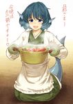  animal_ears apron blue_eyes blue_hair blush drill_hair food head_fins housewife japanese_clothes kappougi kimono long_sleeves looking_at_viewer mermaid monster_girl open_mouth oven_mitts pot short_hair smile solo touhou translated urin wakasagihime 