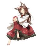  ^_^ animal_ears barefoot brooch brown_hair closed_eyes crossed_legs fingernails full_body gorilla_(bun0615) hands_clasped highres imaizumi_kagerou jewelry leg_hug long_hair long_skirt long_sleeves nail_polish own_hands_together red_nails sharp_fingernails sharp_toenails shirt sitting skirt smile solo tail toenails touhou very_long_hair wide_sleeves wolf_ears 