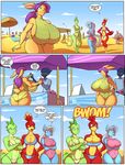  2015 anthro avian beach big_breasts bikini bird breast_expansion breasts cleavage clothed clothing comic dialogue english_text equine female horn huge_breasts jaeh lizard male mammal reptile scalie seaside swimsuit text unicorn 