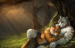  2015 anthro black_stripes blue_eyes brown_stripes clothed clothing cuddling detailed duo eyes_closed feline forest fur grass half-dressed male mammal markings orange_fur rhyu shorts tiger topless tree white_fur white_tiger 