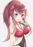  bad_id bad_pixiv_id bottle breasts brown_eyes brown_hair flower hair_flower hair_ornament highres kantai_collection kantai_collection_(anime) large_breasts myuan_(muumworks) ponytail smile solo swimsuit yamato_(kantai_collection) 