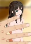  arms_behind_back bangs blurry blush breasts brown_hair convenient_censoring depth_of_field green_eyes hands idolmaster idolmaster_cinderella_girls long_hair looking_at_viewer medium_breasts nude open_mouth pov saitoyu00 shibuya_rin solo_focus standing 