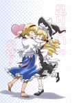  alice_margatroid apron bad_id bad_pixiv_id blonde_hair blue_eyes blush braid capelet couple hairband hat heart highres hug kirisame_marisa long_hair mary_janes multiple_girls non_(z-art) open_mouth shoes short_hair side_braid smile socks text_focus touhou waist_apron witch_hat wrist_cuffs yellow_eyes yuri 