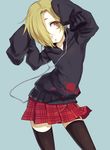  bad_id bad_pixiv_id bags_under_eyes black_legwear blonde_hair blue_background brown_eyes earbuds earphones hair_over_one_eye hood hood_down hoodie idolmaster idolmaster_cinderella_girls open_mouth parted_lips shirasaka_koume short_hair simple_background skirt sleeves_past_fingers sleeves_past_wrists solo tamaext thighhighs zettai_ryouiki 