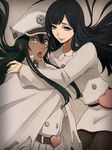  1boy 1girl 2girls androgynous bambietta_basterbine black_hair bleach blue_eyes cape drooling giselle_gewelle hat heart hug long_hair looking_at_viewer military military_uniform multiple_girls open_mouth peaked_cap quincy_(bleach) saliva smile tongue trap uniform zombie 